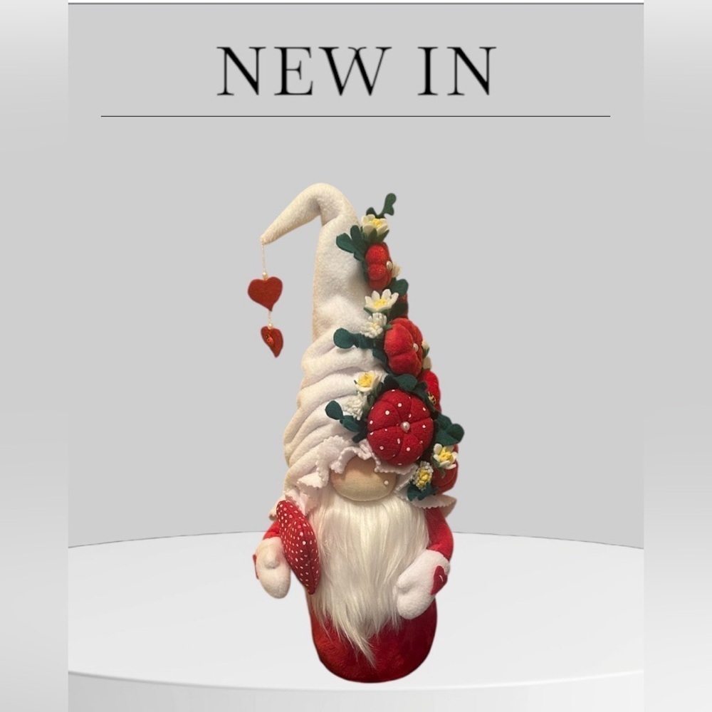 Adorable “New” Valentines Plush Gnome Doll Pumpkin and Flower Hat hanging hearts